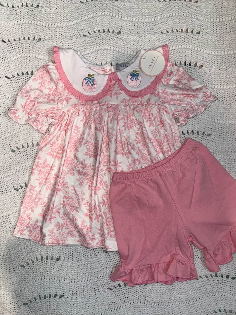 NWT Abby & Evie Girls' Pink Floral Apple Set with Peter Pan Collar